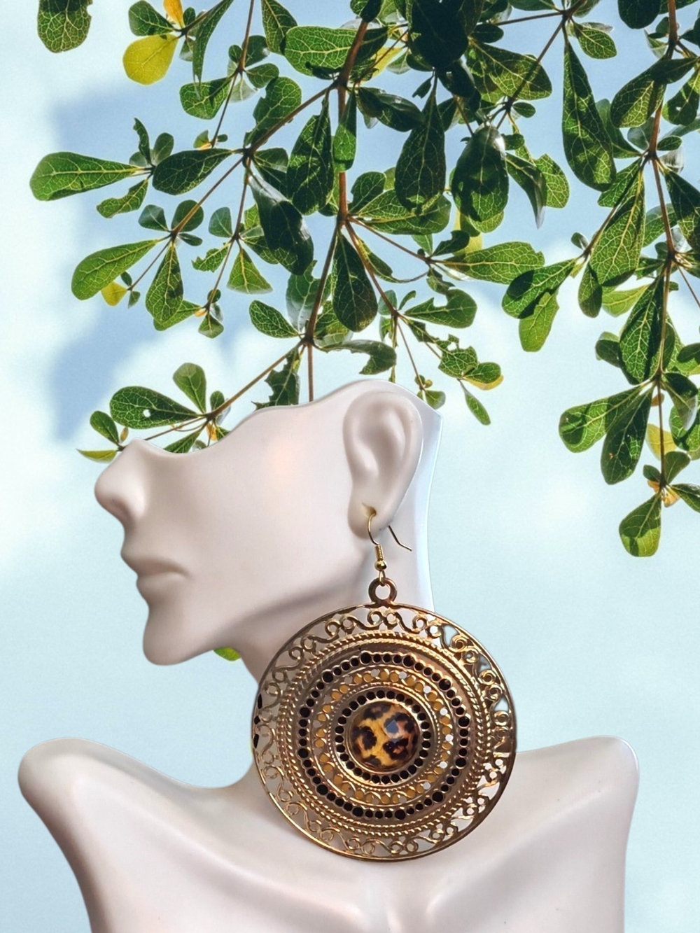 Gold Filigree Round Drop Earrings with Leopard Accent
